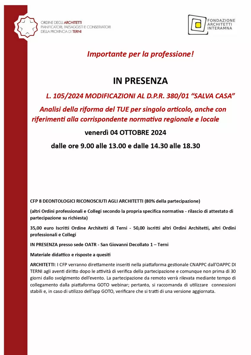 L. 105/2024 MODIFICAZIONI AL D.P.R. 380/01 - PRESENZA