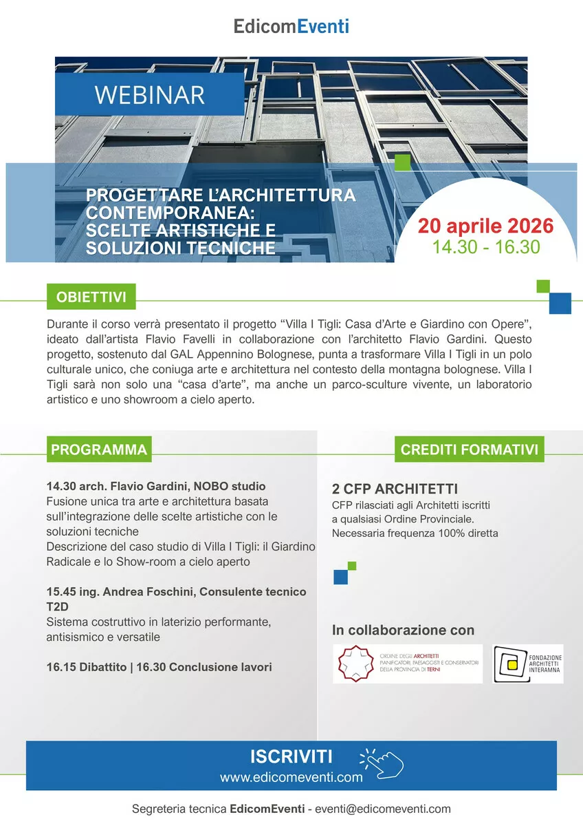 Immagine corso: WEBINAR PROGETTARE L'ARCHITETTURA CONTEMPORANEA: SCELTE ARTISTICHE E SOLUZIONI TECNICHE