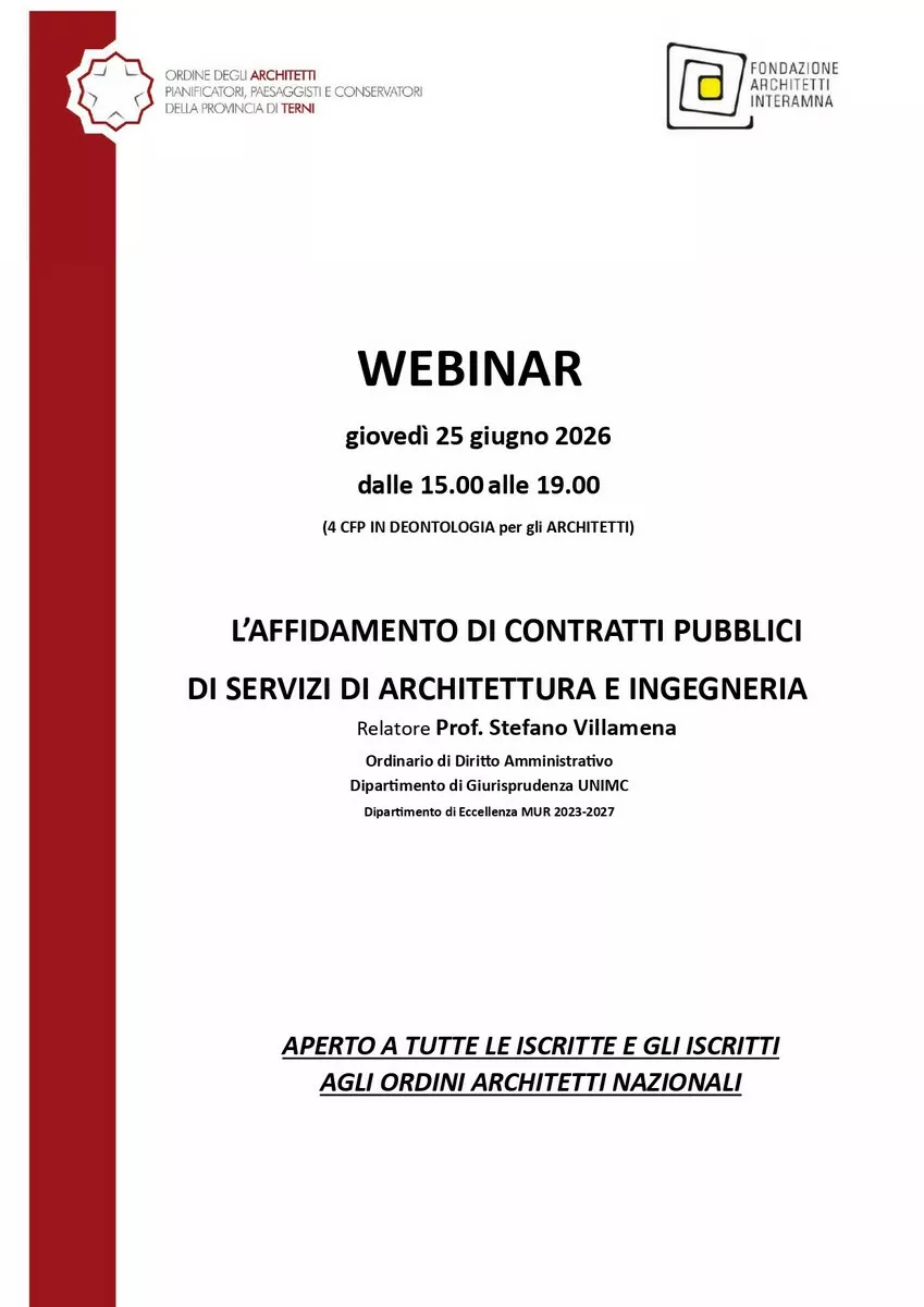 Immagine corso: webinar L'AFFIDAMENTO DI CONTRATTI PUBBLICI DI SERVIZI DI ARCHITETTURA E DI INGEGNERIA