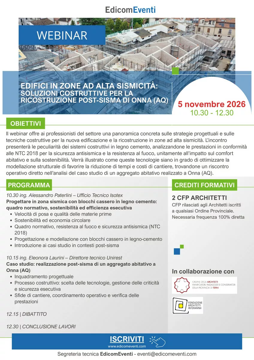 Immagine corso: WEBINAR EDIFICI IN ZONE AD ALTA SISMICITA': SOLUZIONI COSTRUTTIVE PER LA RICOSTRUZIONE DI ONNA (AQ)